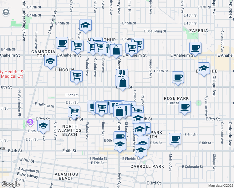 map of restaurants, bars, coffee shops, grocery stores, and more near 924 Gardenia Avenue in Long Beach
