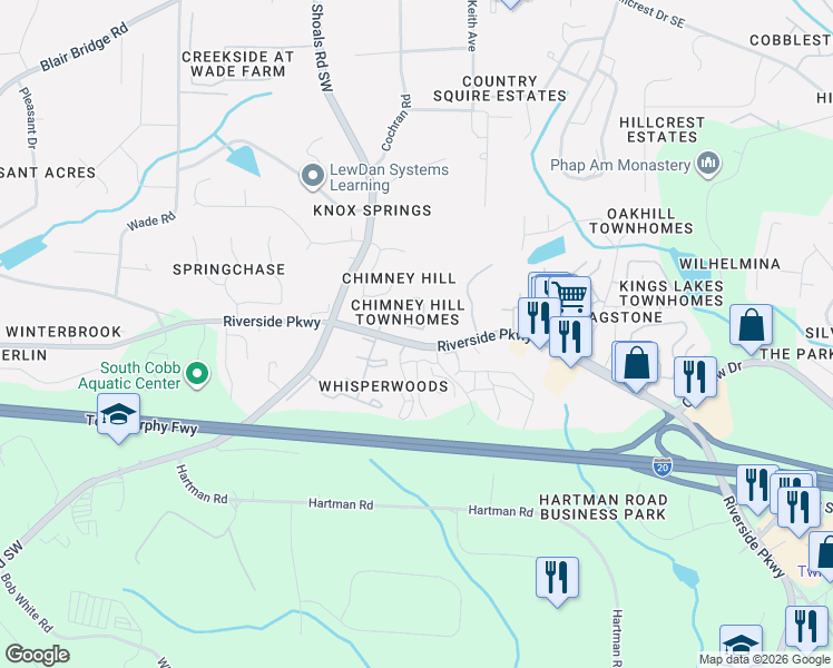 map of restaurants, bars, coffee shops, grocery stores, and more near 7258 Rockhouse Road in Austell