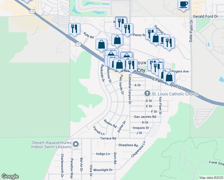 map of restaurants, bars, coffee shops, grocery stores, and more near 37188 Melrose Drive in Cathedral City