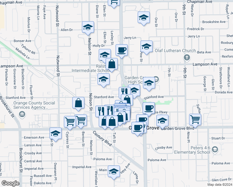 map of restaurants, bars, coffee shops, grocery stores, and more near 12722 Madrid Court in Garden Grove