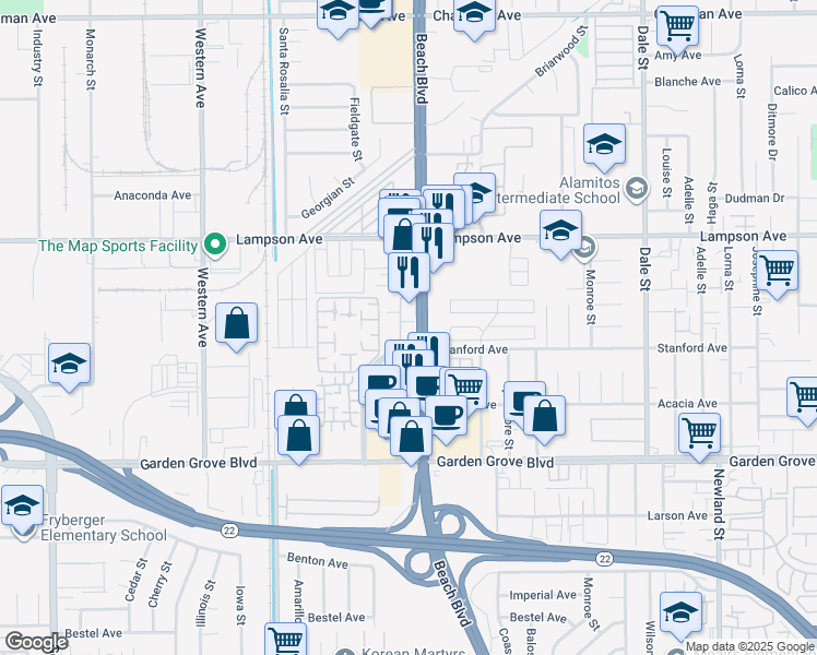 map of restaurants, bars, coffee shops, grocery stores, and more near 12640 Beach Boulevard in Stanton
