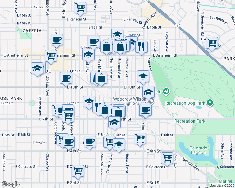 map of restaurants, bars, coffee shops, grocery stores, and more near 920 Belmont Avenue in Long Beach