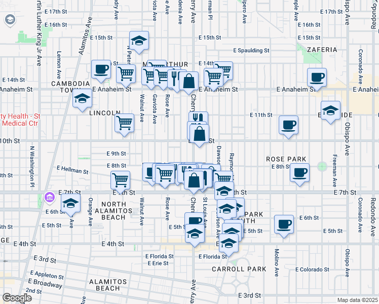map of restaurants, bars, coffee shops, grocery stores, and more near 924 Gardenia Avenue in Long Beach