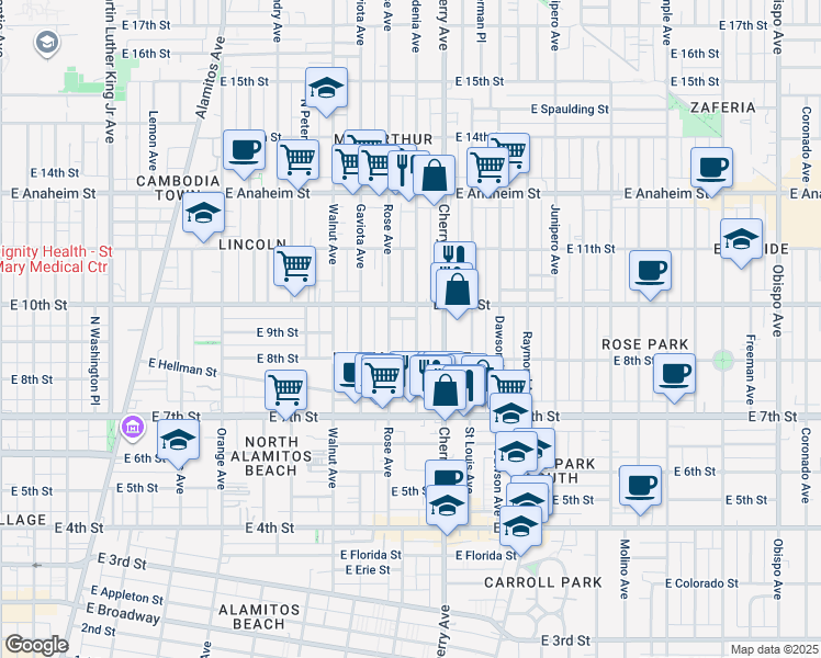 map of restaurants, bars, coffee shops, grocery stores, and more near 924 Gardenia Avenue in Long Beach