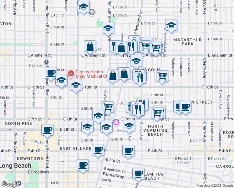 map of restaurants, bars, coffee shops, grocery stores, and more near 928 Alamitos Avenue in Long Beach