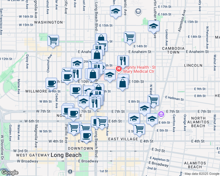 map of restaurants, bars, coffee shops, grocery stores, and more near 935 Elm Avenue in Long Beach