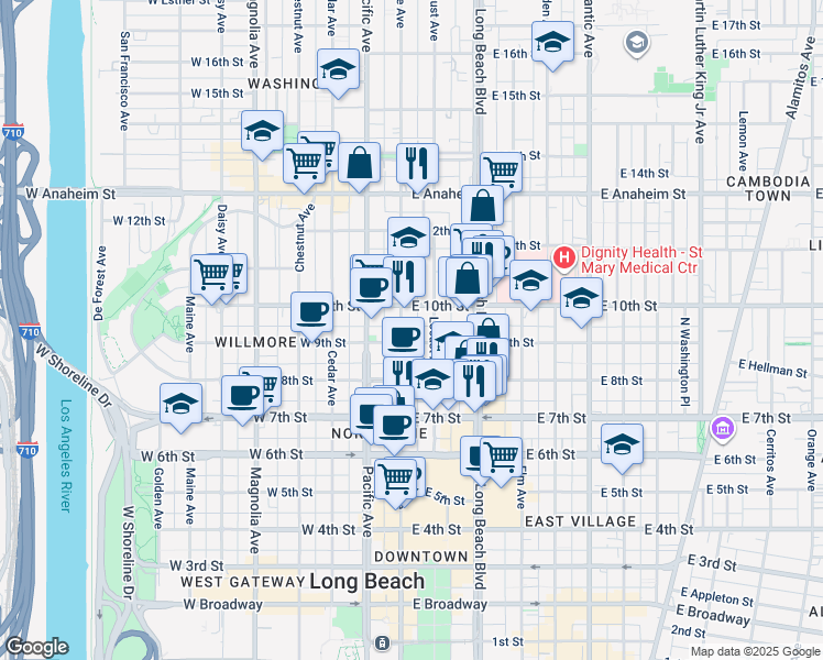 map of restaurants, bars, coffee shops, grocery stores, and more near in Long Beach