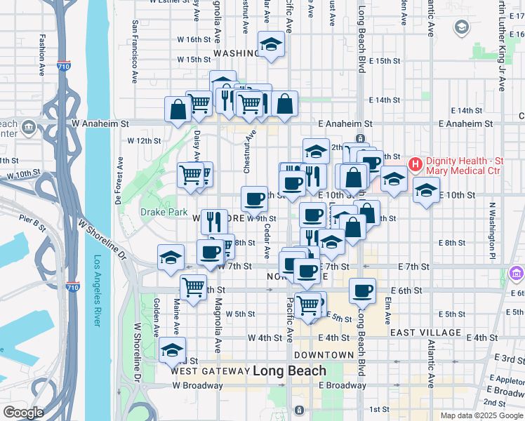 map of restaurants, bars, coffee shops, grocery stores, and more near 935 Cedar Avenue in Long Beach
