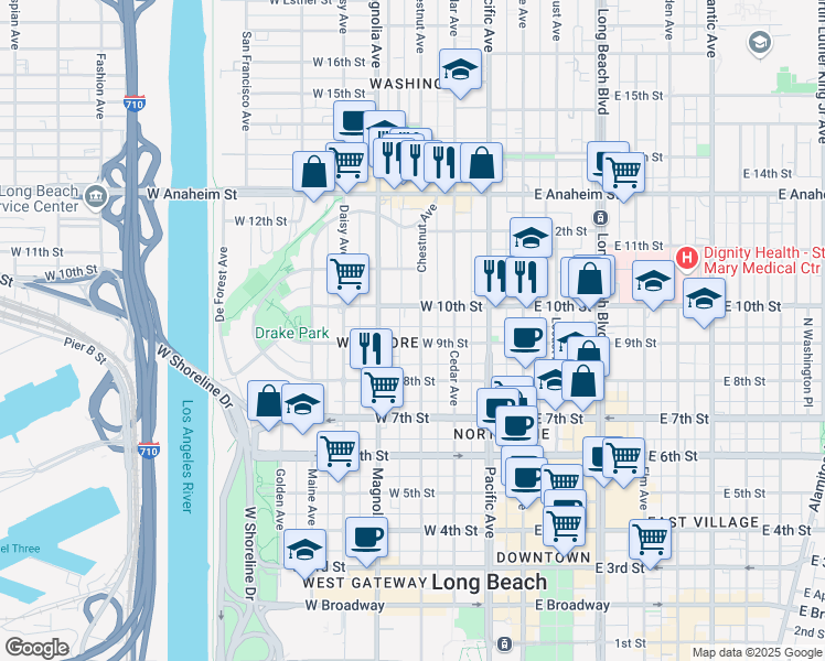 map of restaurants, bars, coffee shops, grocery stores, and more near 927 Chestnut Avenue in Long Beach
