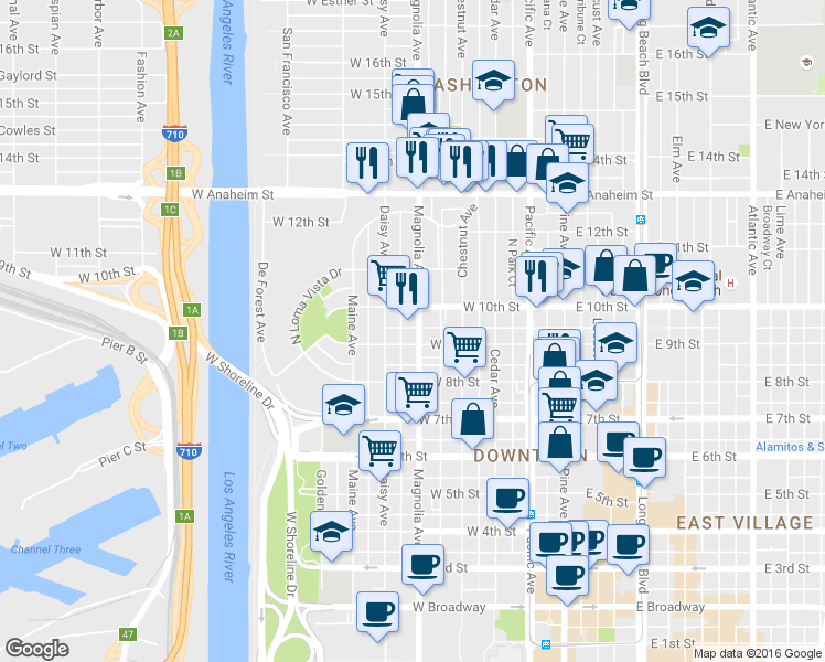 map of restaurants, bars, coffee shops, grocery stores, and more near in Long Beach