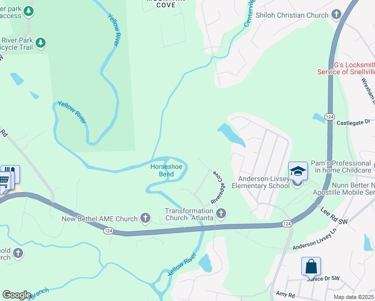 map of restaurants, bars, coffee shops, grocery stores, and more near 4614 Riveredge Cove in Snellville