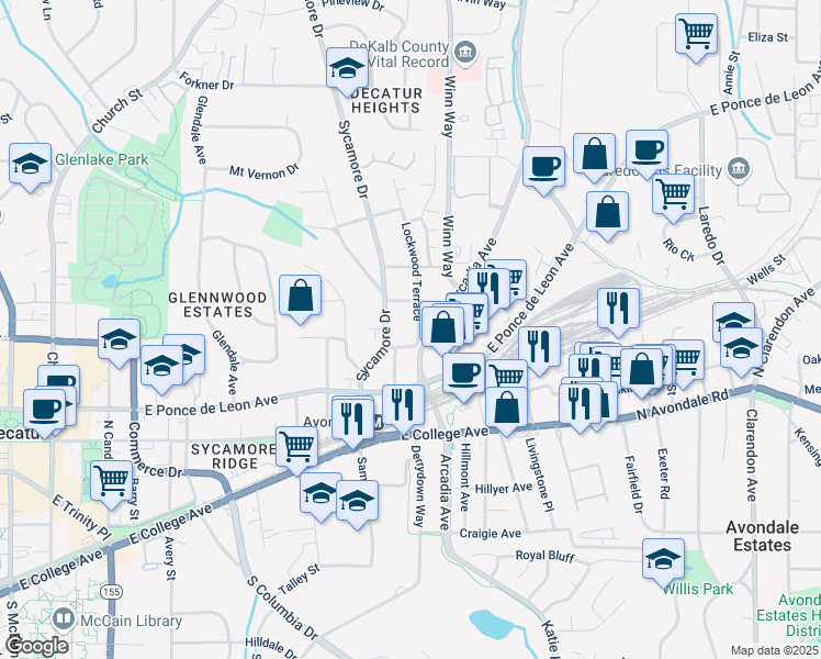 map of restaurants, bars, coffee shops, grocery stores, and more near 123 Lockwood Terrace in Decatur