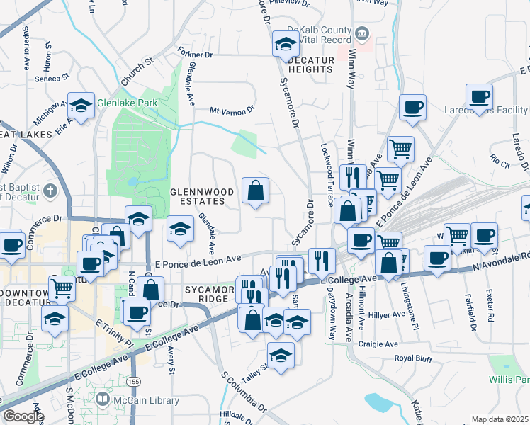map of restaurants, bars, coffee shops, grocery stores, and more near 213 Oak Lane in Decatur