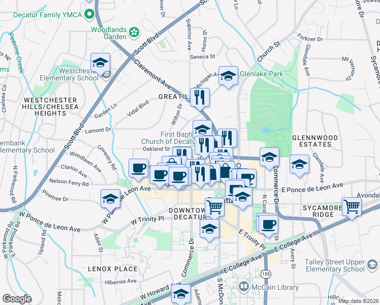 map of restaurants, bars, coffee shops, grocery stores, and more near 125 Beaumont Avenue in Decatur
