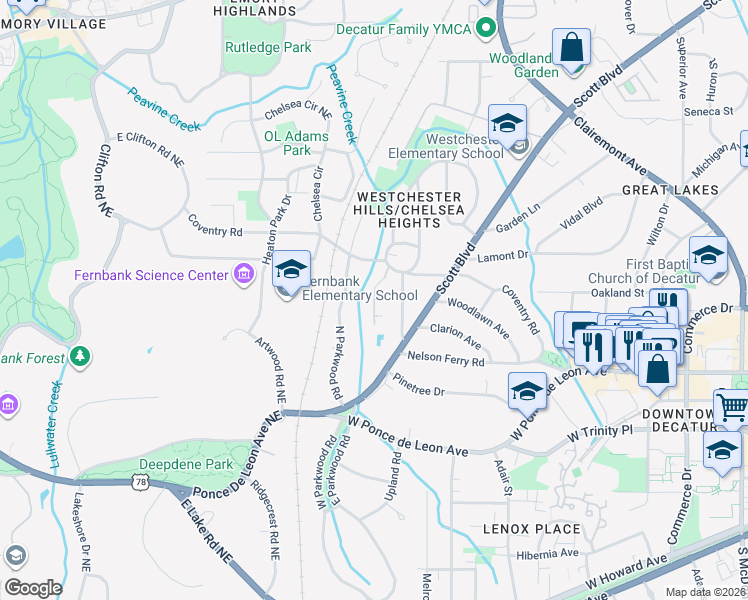 map of restaurants, bars, coffee shops, grocery stores, and more near 510 Coventry Road in Decatur