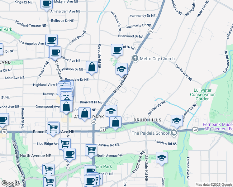 map of restaurants, bars, coffee shops, grocery stores, and more near 872 Briarcliff Road Northeast in Atlanta