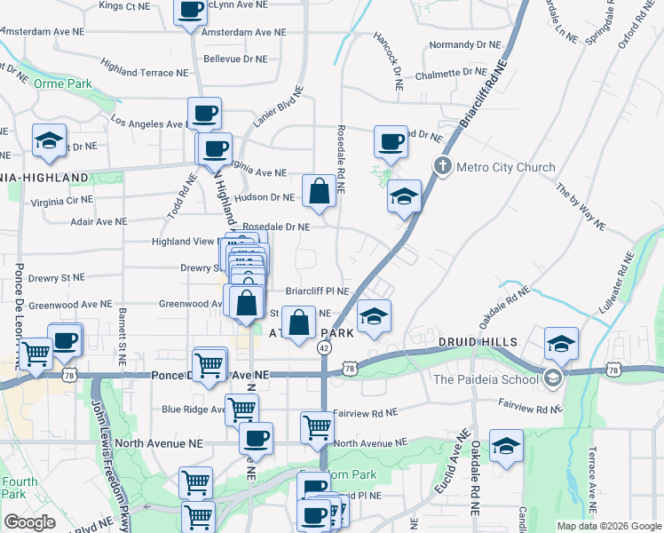 map of restaurants, bars, coffee shops, grocery stores, and more near 879 Rosedale Road Northeast in Atlanta