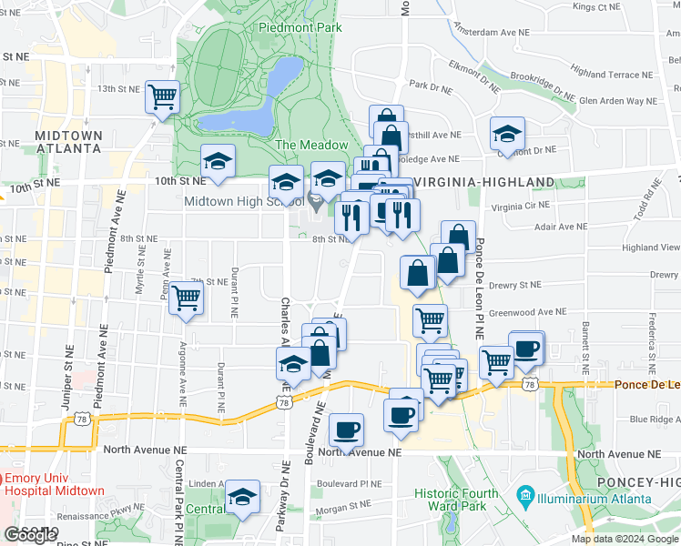 map of restaurants, bars, coffee shops, grocery stores, and more near 503 Midtown Place in Atlanta
