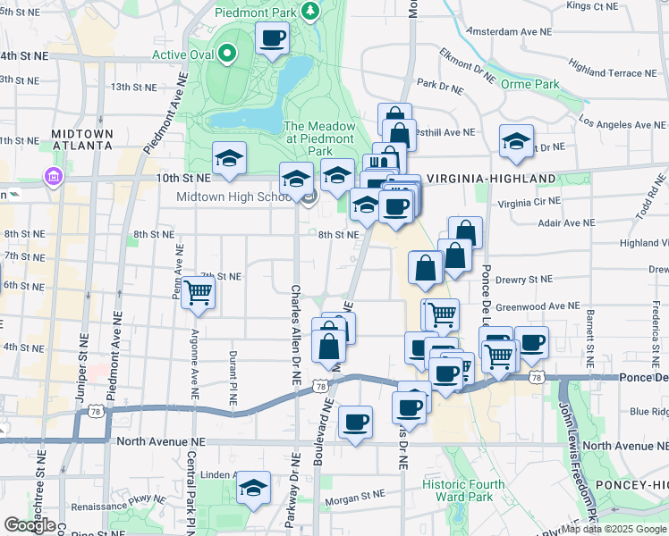 map of restaurants, bars, coffee shops, grocery stores, and more near 503 Midtown Place in Atlanta