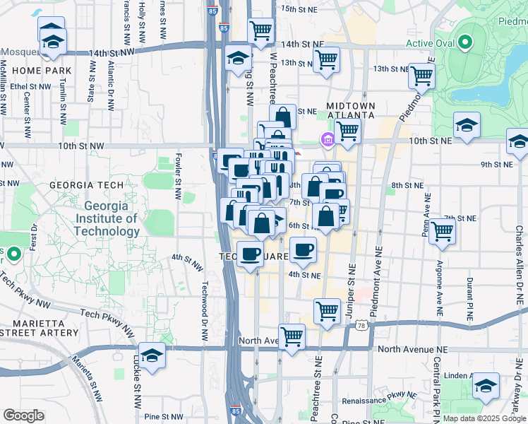 map of restaurants, bars, coffee shops, grocery stores, and more near 859 Spring Street Northwest in Atlanta