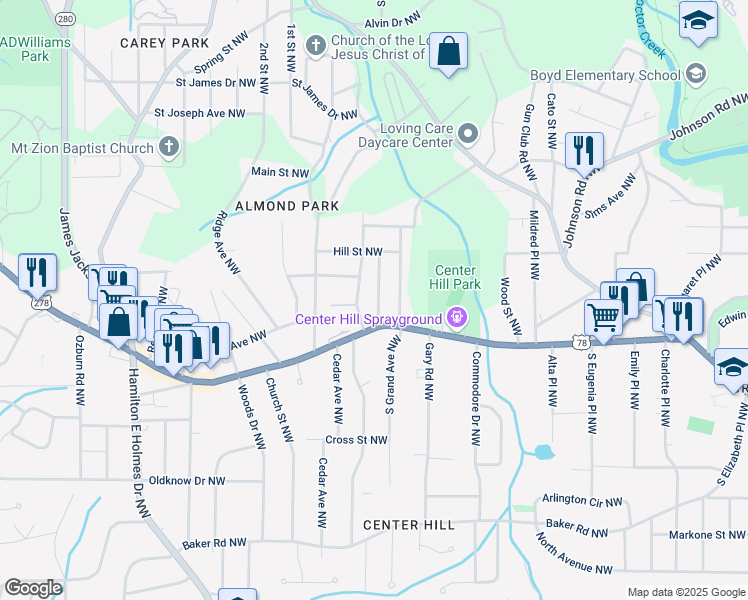 map of restaurants, bars, coffee shops, grocery stores, and more near 844 Oak Street Northwest in Atlanta