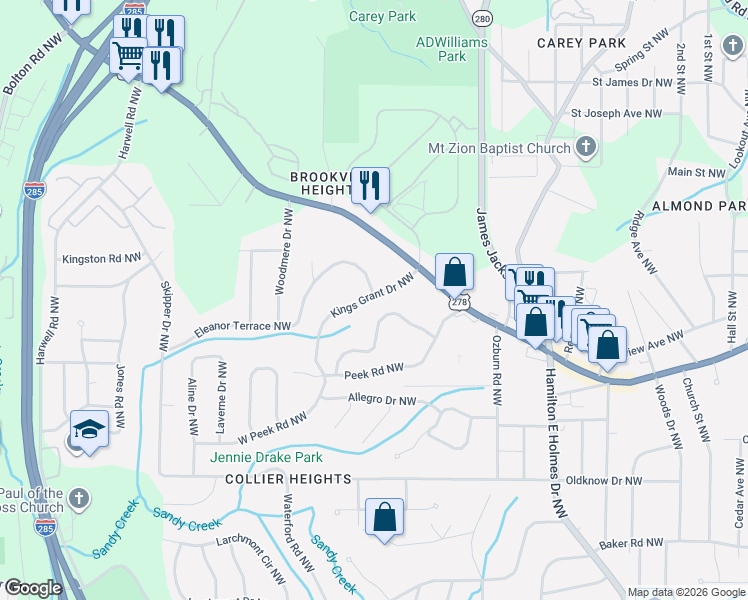 map of restaurants, bars, coffee shops, grocery stores, and more near 906 Kings Grant Drive Northwest in Atlanta