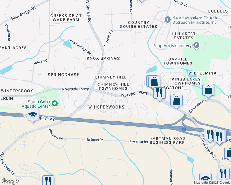 map of restaurants, bars, coffee shops, grocery stores, and more near 7244 Rockhouse Road in Austell