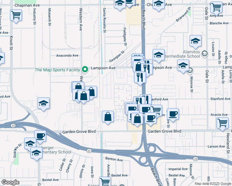 map of restaurants, bars, coffee shops, grocery stores, and more near 7720 Elmdale Way in Stanton