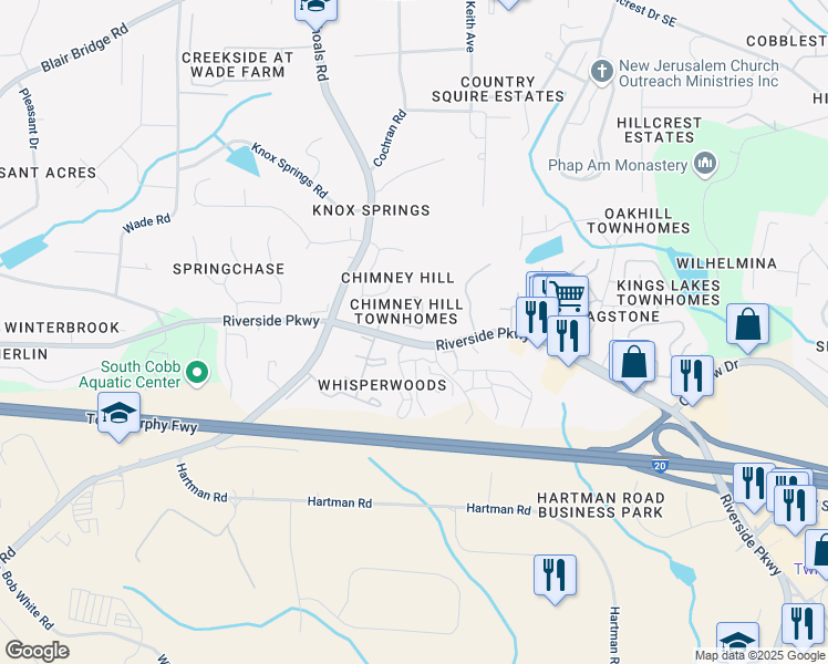 map of restaurants, bars, coffee shops, grocery stores, and more near 7244 Rockhouse Road in Austell
