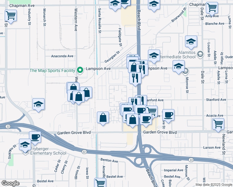 map of restaurants, bars, coffee shops, grocery stores, and more near 12621 Moordale Circle in Stanton