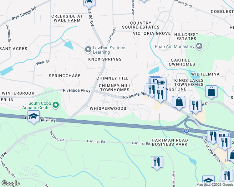 map of restaurants, bars, coffee shops, grocery stores, and more near 7258 Rockhouse Road in Austell
