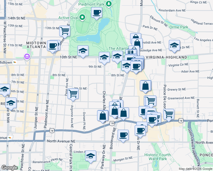 map of restaurants, bars, coffee shops, grocery stores, and more near 873 Charles Allen Drive Northeast in Atlanta