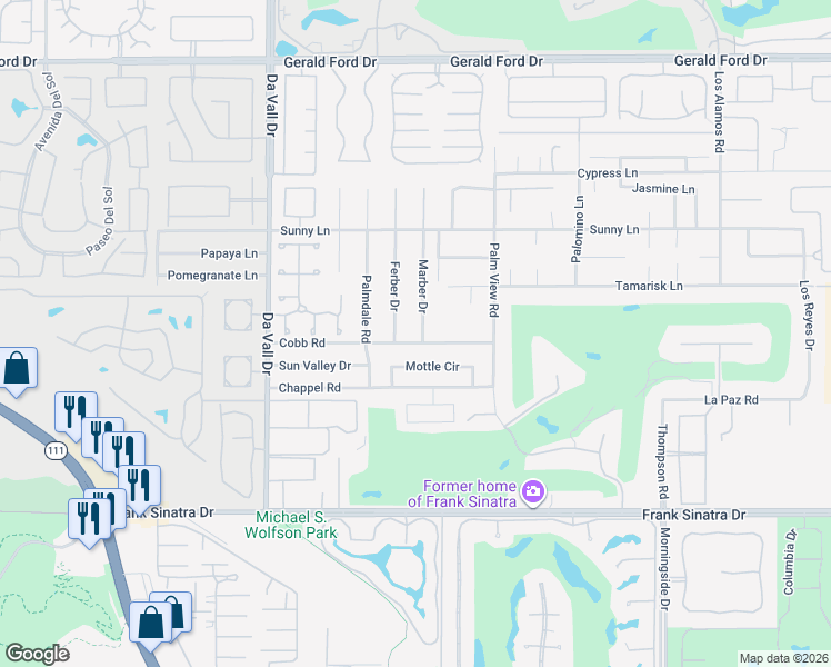 map of restaurants, bars, coffee shops, grocery stores, and more near 37223 Marber Drive in Rancho Mirage