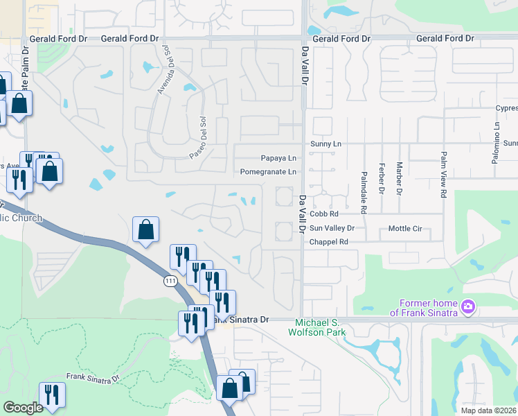 map of restaurants, bars, coffee shops, grocery stores, and more near 385 Avenue Andorra in Cathedral City