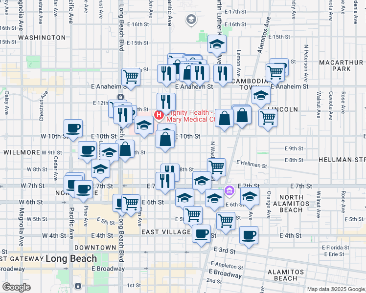 map of restaurants, bars, coffee shops, grocery stores, and more near 915 Lime Avenue in Long Beach