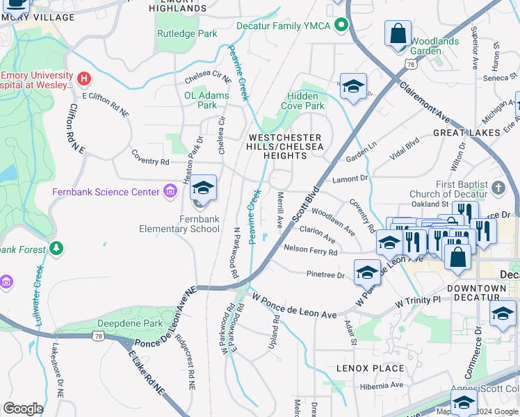 map of restaurants, bars, coffee shops, grocery stores, and more near 510 Coventry Road in Decatur