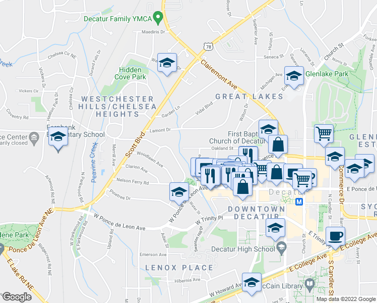 map of restaurants, bars, coffee shops, grocery stores, and more near 416 Oakland Street in Decatur