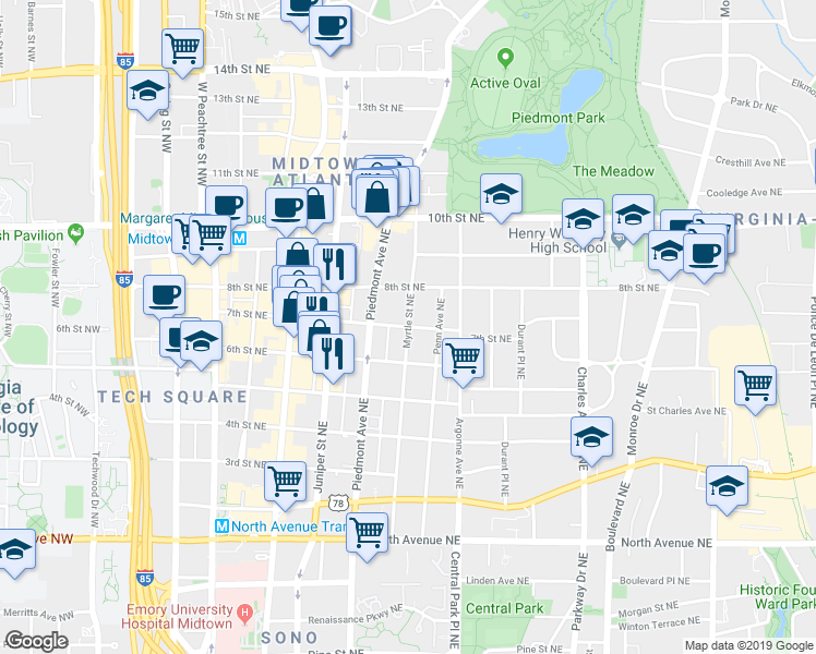 map of restaurants, bars, coffee shops, grocery stores, and more near 7th St NE & Myrtle St NE in Atlanta