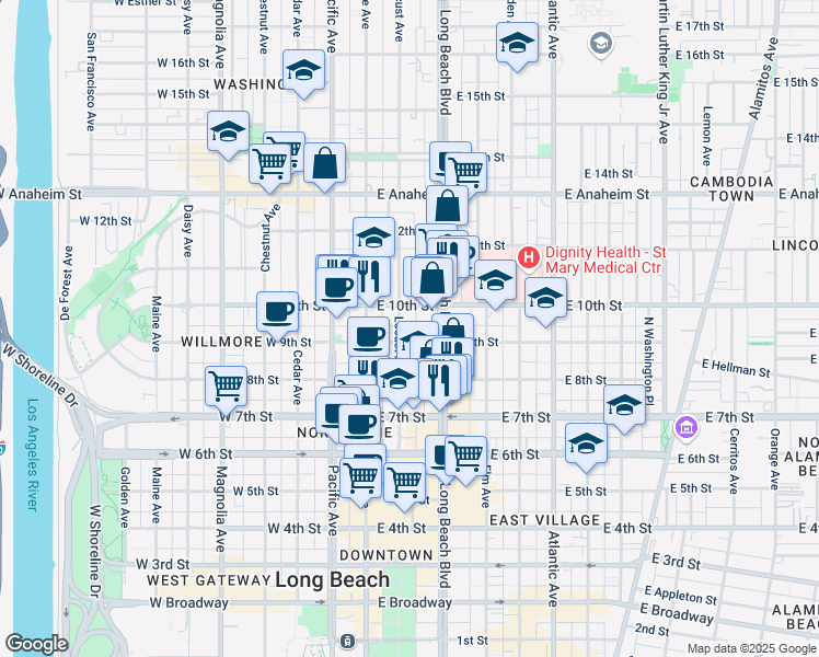 map of restaurants, bars, coffee shops, grocery stores, and more near 945 Locust Avenue in Long Beach