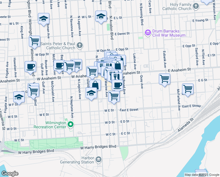 map of restaurants, bars, coffee shops, grocery stores, and more near 120 West G Street in Los Angeles