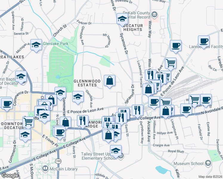 map of restaurants, bars, coffee shops, grocery stores, and more near 225 Oak Lane in Decatur
