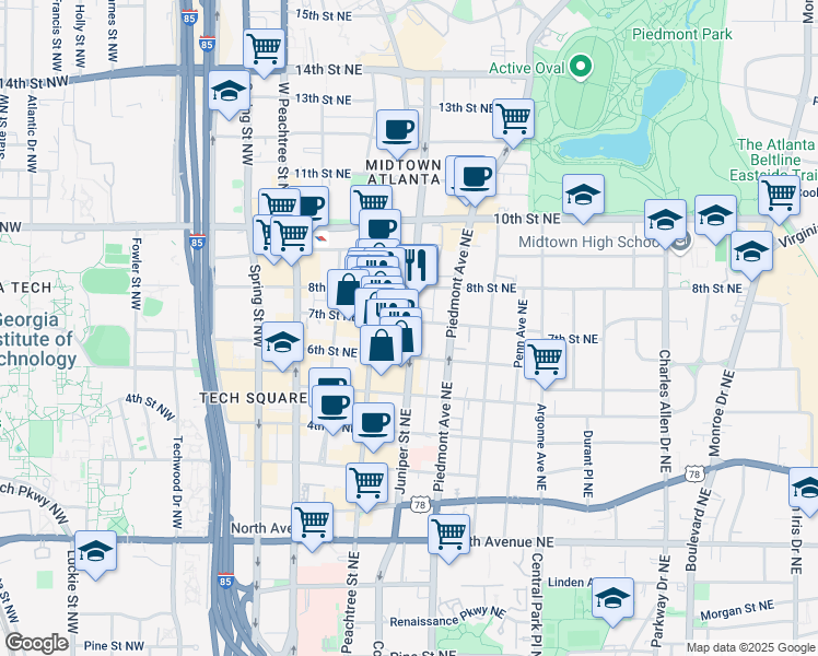 map of restaurants, bars, coffee shops, grocery stores, and more near 100 6th Street Northeast in Atlanta