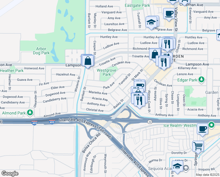 map of restaurants, bars, coffee shops, grocery stores, and more near 12781 Topaz Street in Garden Grove