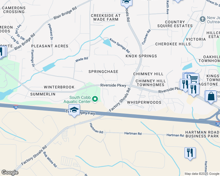 map of restaurants, bars, coffee shops, grocery stores, and more near 796 Crestside Court in Austell
