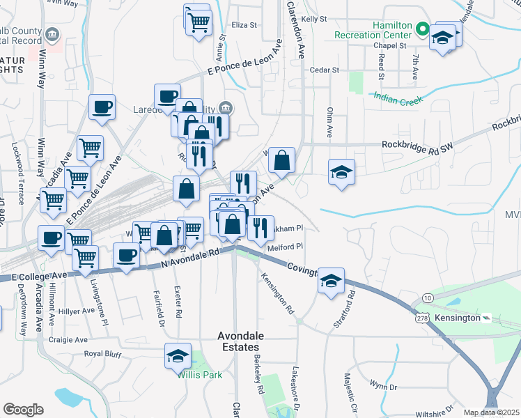 map of restaurants, bars, coffee shops, grocery stores, and more near 145 North Clarendon Avenue in Avondale Estates