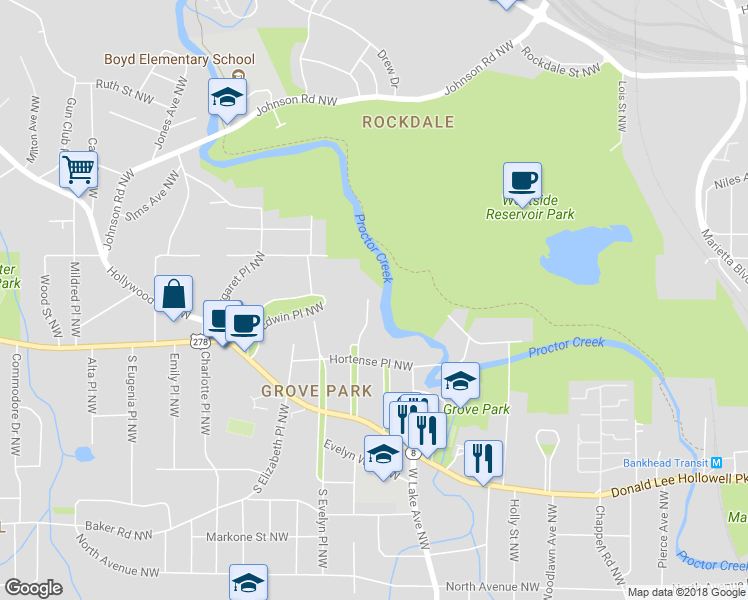 map of restaurants, bars, coffee shops, grocery stores, and more near 857 Gertrude Place Northwest in Atlanta