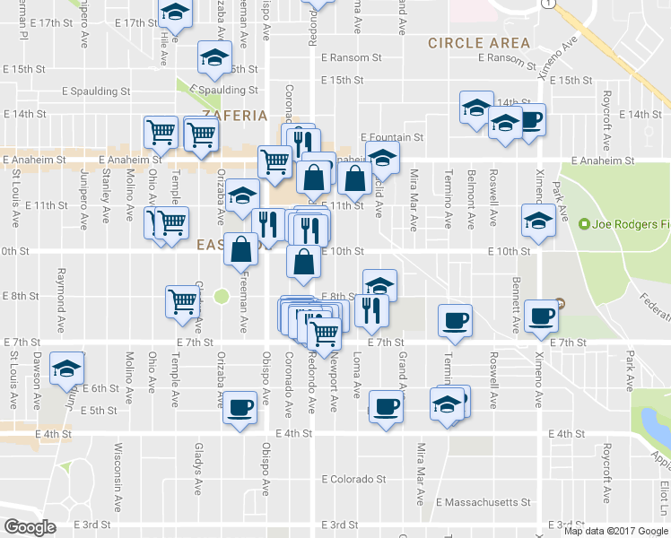 map of restaurants, bars, coffee shops, grocery stores, and more near 920 N Newport Ave in Long Beach