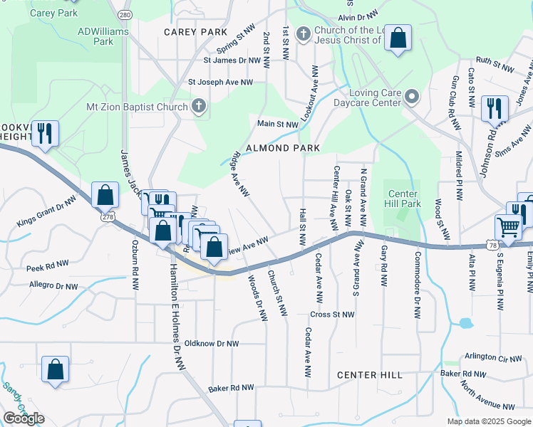 map of restaurants, bars, coffee shops, grocery stores, and more near 849 Ridge Avenue Northwest in Atlanta