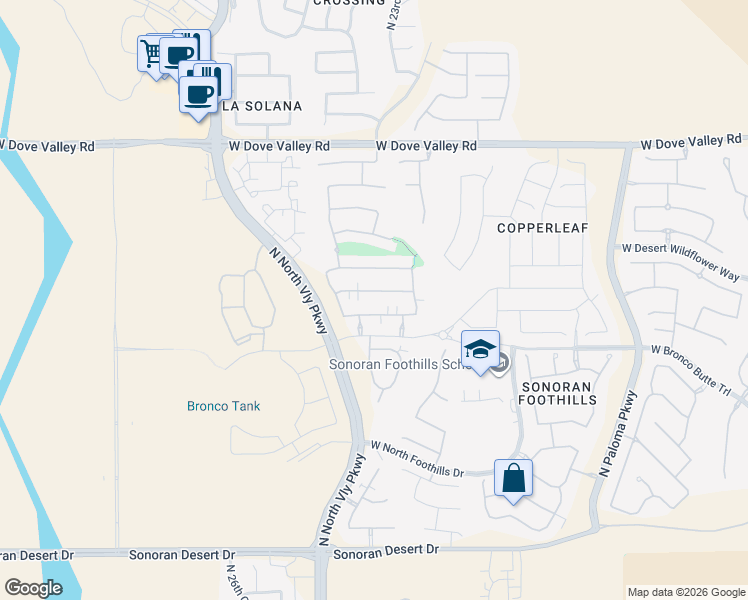 map of restaurants, bars, coffee shops, grocery stores, and more near 2371 West Dusty Wren Drive in Phoenix