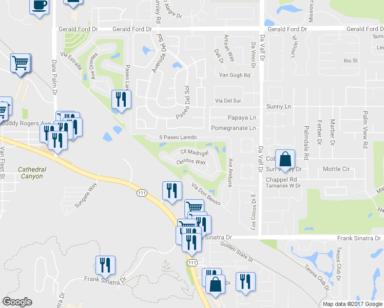 map of restaurants, bars, coffee shops, grocery stores, and more near 482 Calle Madrigal in Cathedral City